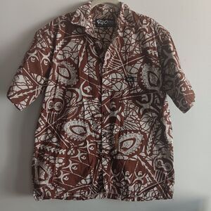 Rix100% cotton Hawaiian Brown Short Sleeves Shirt Tiki Front Pocket Vacation